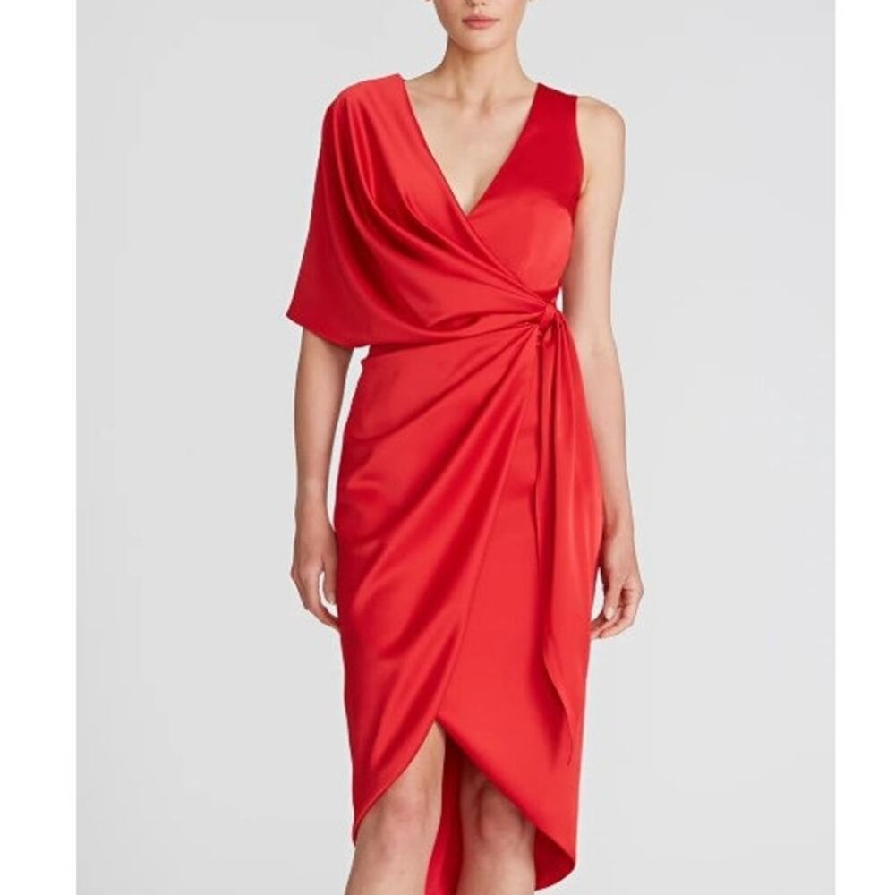 NEW THEIA Candace Wrap Cocktail Dress Size 14 Poppy Red Satin V-neck  Asymmetric